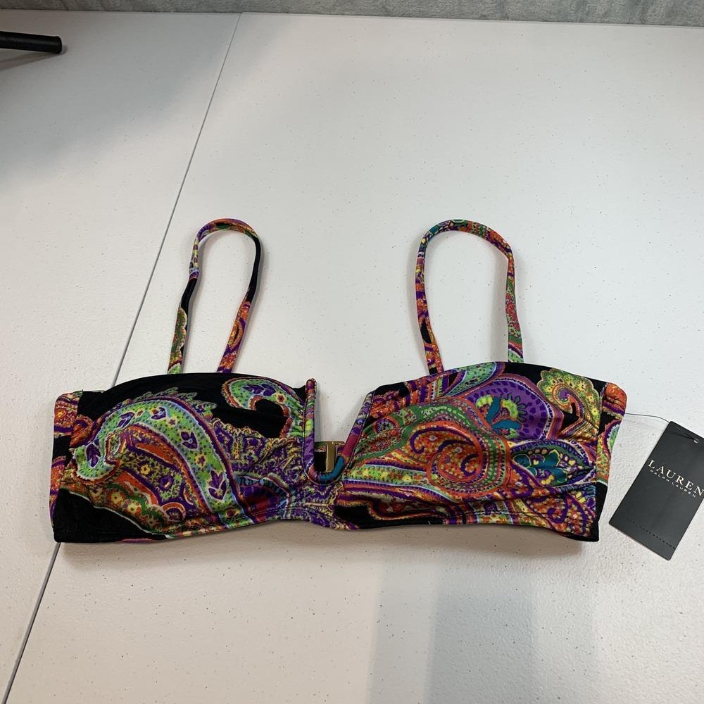 Lauren Ralph Lauren Swim Bikini Top‎ 12 Black Bordado Paisley Bandeau U Wire